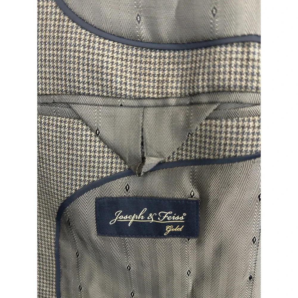 Joseph & Feiss Gold Mens 38R Blazer Houndstooth Gray 100% Wool Sport Coat Jacket